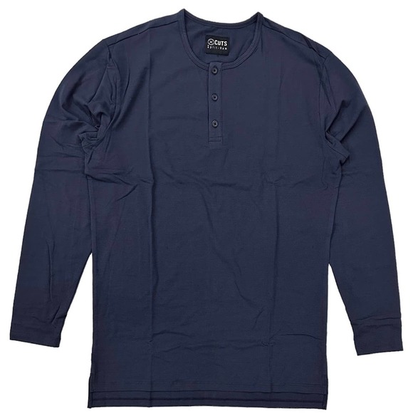 Cuts Clothing Men's Split Hem Henley Long Sleeve Tee T-Shirt - Blue - Picture 1 of 3